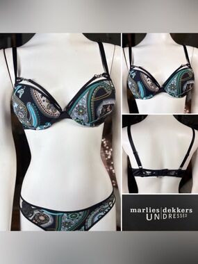 Marlies Dekkars Black Multicolor “Peace” Push-up Plunge Cage Bra, Szs 36A & 36B